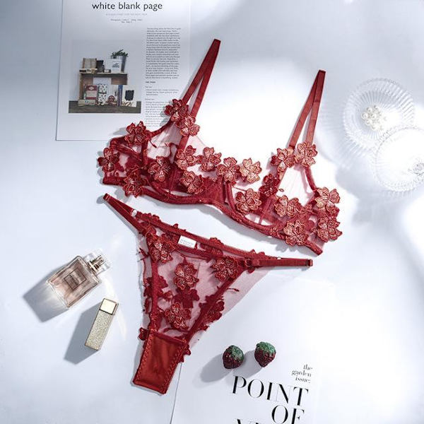 Aduloty 2-delat blommigt set med BH för kvinnor, 13 färger, mesh-BH med bygel + trosor, underklädesset för damer, sexigt set med utskärningar Rose red S
