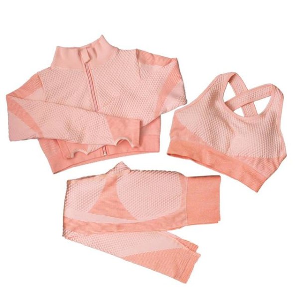 Yoga Set Långärmad Tröja+Sport-BH+Sömlösa Leggings Träningskläder Löpning Gymkläder 3pcs Gray color L