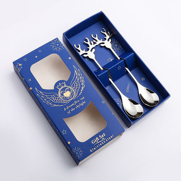 Kahvi Jälkiruokalusikka Ruostumattomasta Teräksestä Hirvilusikka Joulu Uuden Vuoden Lahja 304 elk spoon titanium * 2 blue case