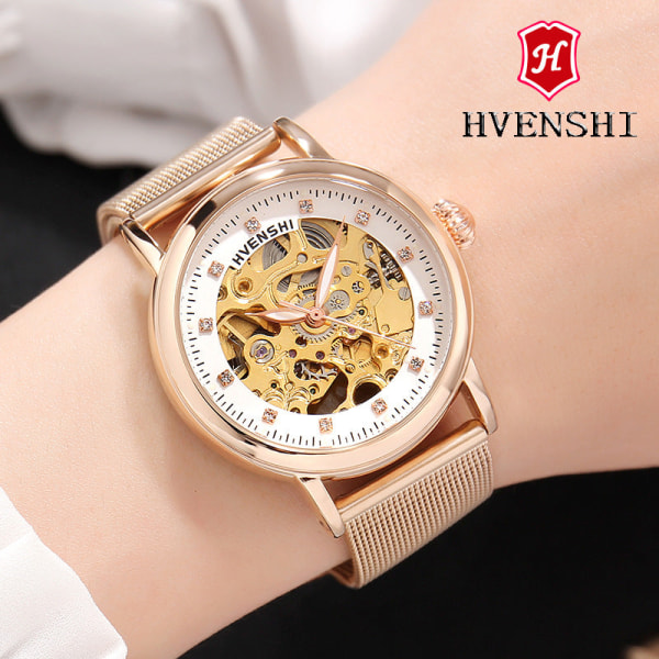Huangshi Watch Women's Hollow Luminous Automatic Mechanical Watch Modebälte Business Watch Full transparent black steel belt