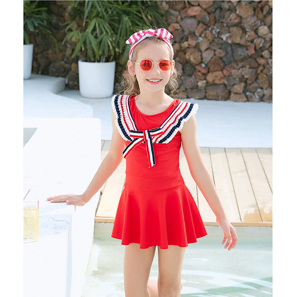 Baddräkt Barn Badkläder Flickor Student Klänning Konservativ Mellanstora och Stora Barn Flickbadkläder Red one-piece swimsuit XL115-130CM(40-50 Jin)