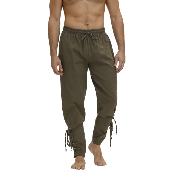 Piratbukser for menn Renessanse Middelalder Viking Kostyme Snøring Shorts Halloween Voksen Cosplay Army Green XL