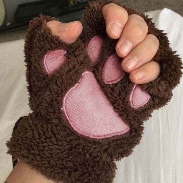 Kawaii Katt Handskar för Kvinnor Mode Flickor Katt Klo Tass Plysch Vantar Varma Mjuka Plysch Korta Fingerlösa Halvfinger Vinterhandskar Rose Red One Size