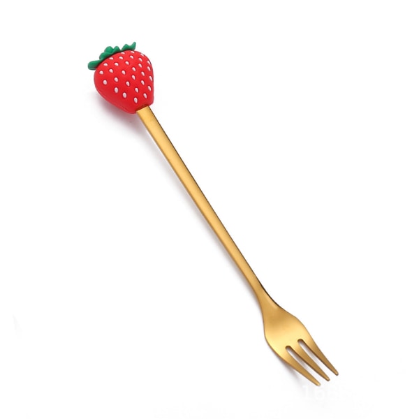 Fruktgaffel Söt Barnservis Vattenmelonsked Docka Tårta Dessertgaffel Rostfritt Stål Kaffesked Strawberry Rabbit Golden Fork