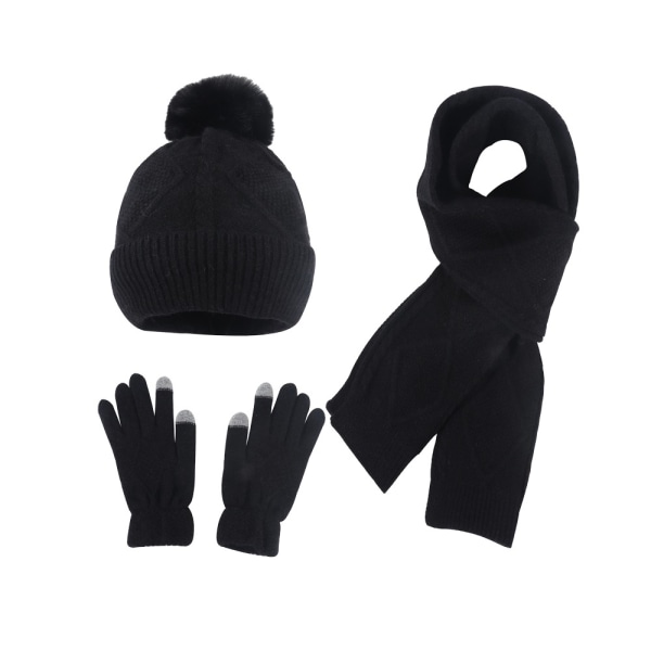 Mössa, halsduk och handskar för bollstickning för kvinnor i tre delar Fashionabla varm set med cap Black