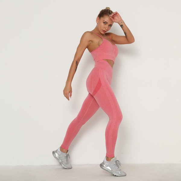 Set Kvinnor Träning Sportkläder Gymkläder Leggings+ BH Sportdräkter Pink d S
