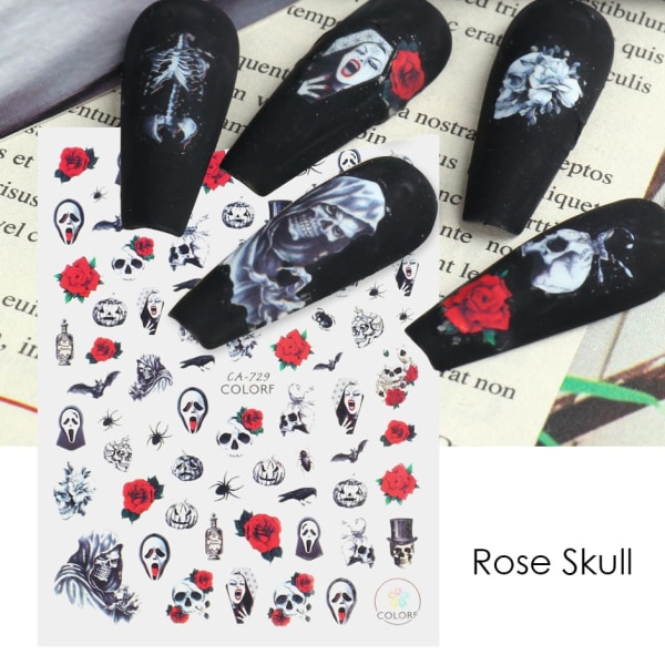 Halloween Anime Nails Stickers Terror Gothic Style Skalle Svart Snake Dekaler 3D Nyår Sliders Manikyrdekorationer LECA725-732 STZ-G036 Gold