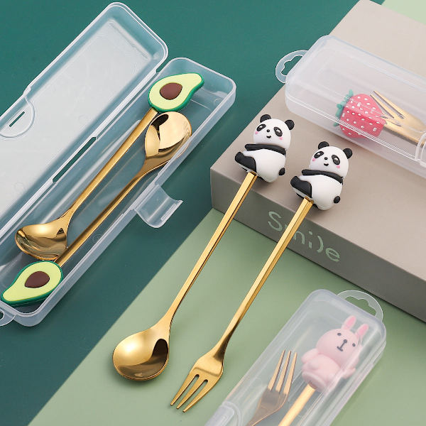 Q Joulu Jälkiruokalusikka-haarukka Setti Söpö Nukkemainen Jälkiruokalusikka Sarjakuva Astiasto Hedelmähaarukka Kannettava Kahvilusikka Rocket gold spoon Fork storage box