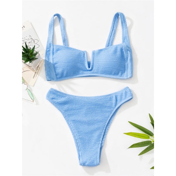 Baddräkt Rynkad V-formad Dam Baddräkt Hög Midja Bikini Kvinnor Tvådelad Bikini Set Badare Baddräkt Sky Blue L