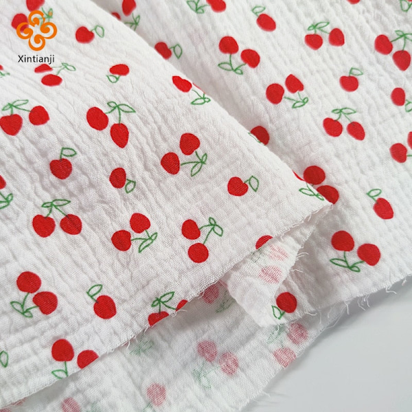 Mjuka blommiga pyjamas Nattlinne Bomull Gase Tyg Rosetryckt Krepp Bomull Långärmad Ins Stil Hemmakläder Tyg 6 red cherry 50x135cm(0.5 meters)