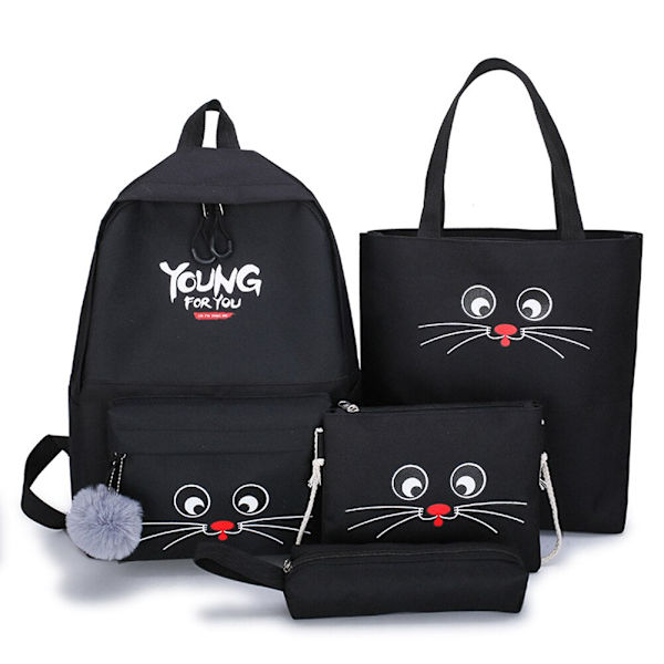 4 stk./sett Dame Skolesekker Skolesekk Tusenfryd Canvas For Tenåringsjenter Student Bokveske Gutter Skulderveske Bolsas Mochilas Sac Ny C Black backpacks
