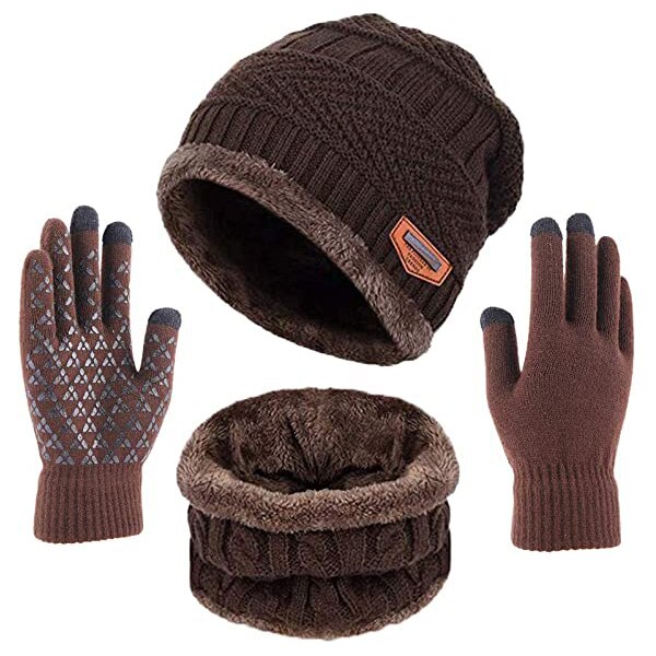 Hett säljande vinter varm mössa halsduk scarf handskar set unisex vinter varm stickad mössa hals handske för män kvinnor -B5 Gloves black white