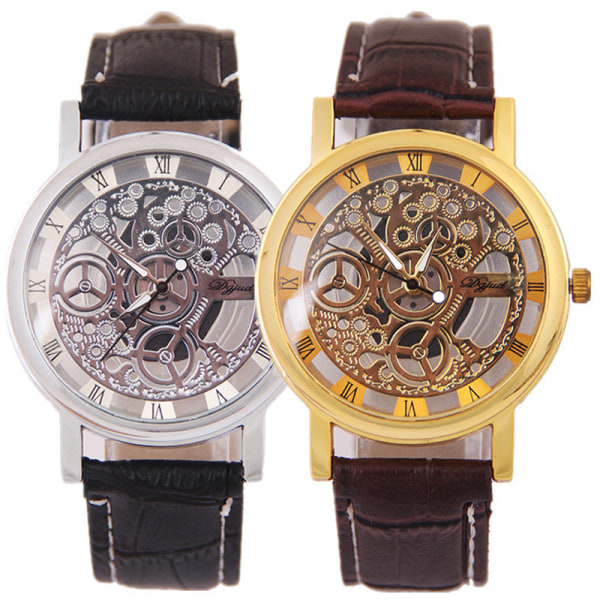 Ikke-Mekanisk Herreur 'S Quartz Ur Dobbeltsidet Gennemskåret Ur Til Mænd Gold plate brown strap