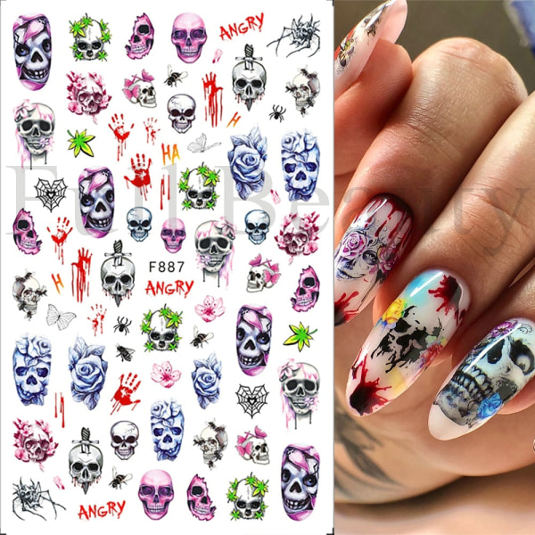 Söt tecknad skalle Nagelklistermärken Spöklik Halloween-dekoration Ghost Bat Evil Pumpa Sliders för manikyr Blodnageldekal GLF886 F688