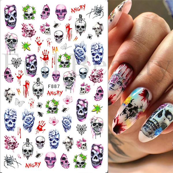 Söta Tecknade Dödskalle Nagelstickers Läskig Halloween Dekoration Spöke Fladdermus Ond Pumpa Sliders För Manikyr Blod Nageldekaler GLF886 F892