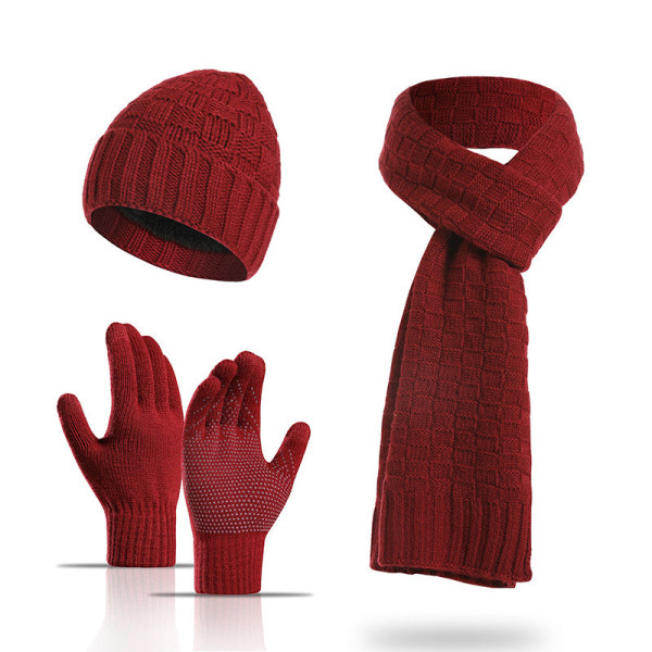 Ullskjerf Fortykket High-End Vinter Termisk Rutete Lue Skjerf Hansker Tredelt Sett Red