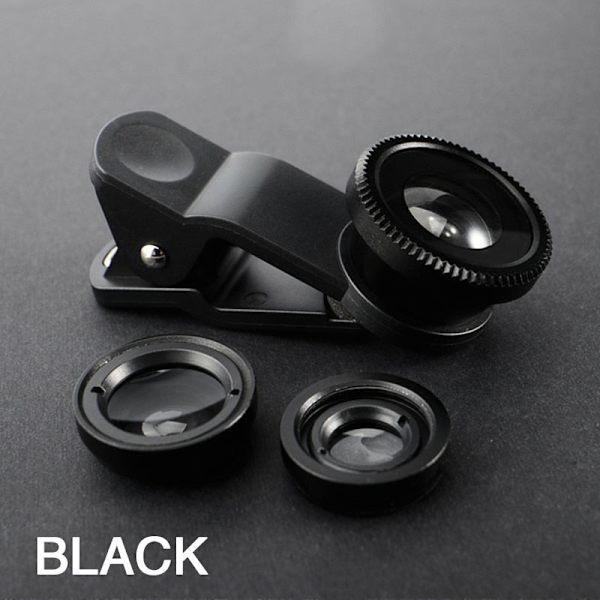 3-i-1 Fisheye Vidvinkel Mikro Kameralinse til iPhone Xiaomi Redmi 3-I-1 Zoom Fiskeøje Linse på Smartphone Linser med Telefonklips Red