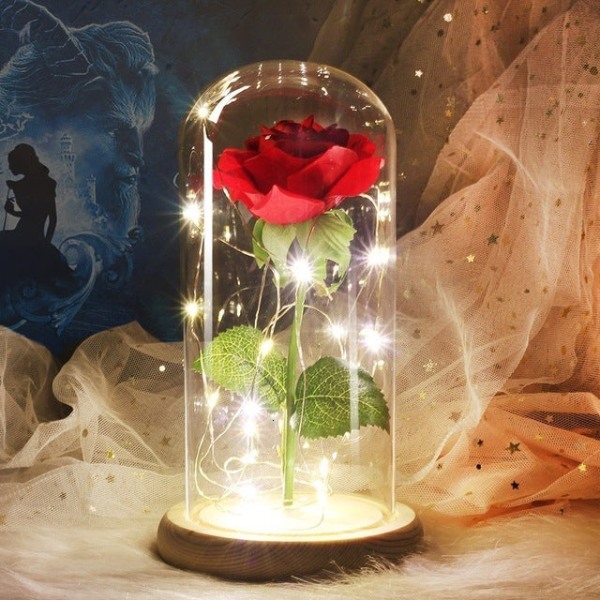 Drop shipping Galaxy Rose Kunstige Blomster Skjønnheten og Udyret Rose Bryllupsdekor Kreativ Valentinsdag Morsdagsgave wood base