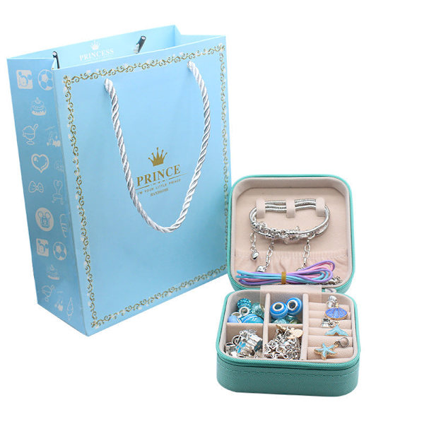 Nyt Børne DIY Armbånd Store Hul Perler Enhjørning Sæt Slangeben Armbånd 3 Halskæder Blue gift set