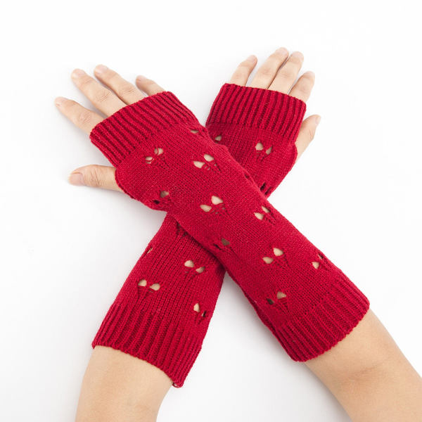 Stickade armvärmare för damer, mode handvärmare, vinterhandskar, virkade armar, ihåliga hjärtvantar, varma fingerlösa handskar Red One Size