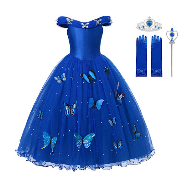 Flicka Bröllop Prinsessklänning Barn Halloween Fest Askungen Cosplay Kostym Blå Ärmlös Mesh Balklänning Barnkläder 5-6T Dress Sets B3