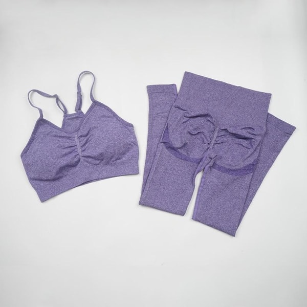 Yoga Sæt Kvinder Træning Sportstøj Fitness Tøj Leggings+ BH Sportsdragter BraPantsPurple M