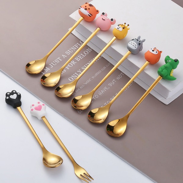 Fruktgaffel Söt Barnservis Vattenmelonsked Docka Tårta Dessertgaffel Rostfritt Stål Kaffesked Strawberry Rabbit golden spoon