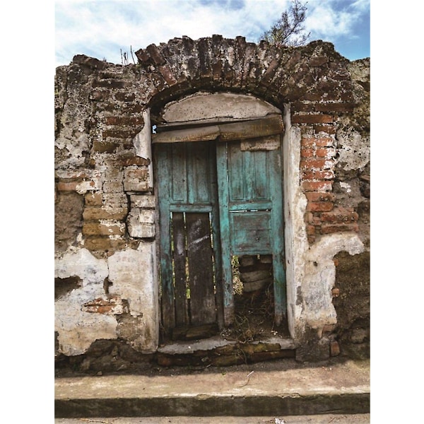 150x220 Cm Grunge Bakgrunn Værbitt Murstein Bue Tapet Rustikk Skrellet Tre Dør Blå Himmelen Hvit Sky Natur Foto Rekvisitter E---25481