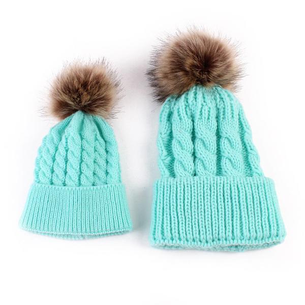 Kreativ Ny Efterår og Vinter Vild Pelskugle Varm Mor Baby Forældre-Barn Strikket Hue Khaki Adjustable