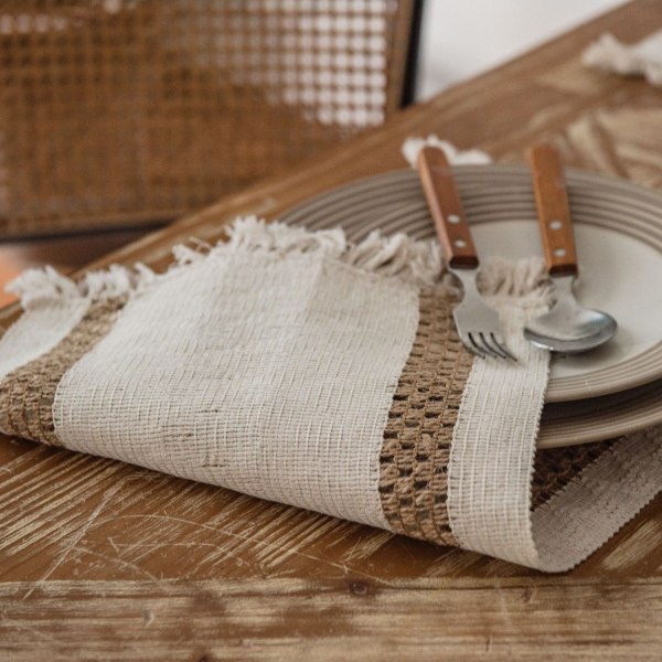 Puuvilla-pellava pöytäliina raidallisella tikkauksella, kaksivärinen kudottu tupsu, luonnonmateriaali, amerikkalainen pöytäliina Two hemp string 30*400 (including tassels)