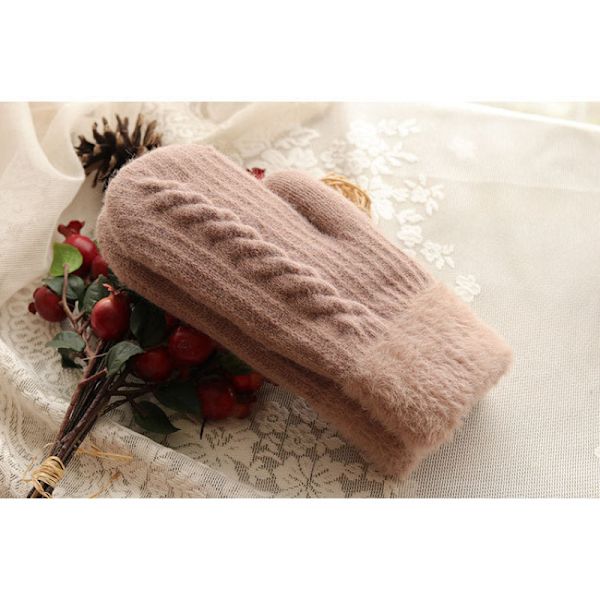 Vinter Dam Varma Plus Sammet Insida Handled Förtjocka Vriden Stickad Vantar Hel Finger Cykling Yllevantar Mjuka Söta Härliga light  grey One Size