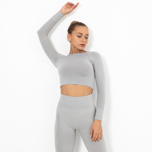 Europeisk og amerikansk sømløs strikket sexy ensfarget langermet topp yogaklær dame sports løping fitness pustende T-skjorte 9165 long sleeve-light Rose Red M
