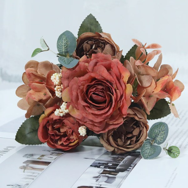 Hortensia Roser Kunstige Blomster for Hjem Bryllupsdekorasjoner Høy Kvalitet Høstbukett Mousse Peon Fake Blomst Orange