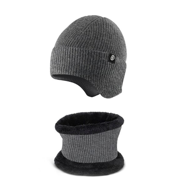 Lämmin Korvasuoja Hattu Huivi Kaksiosainen Set Talvi Ulkoilu Fleecevuorattu Neulepuku [Thread type Gray] two-piece set