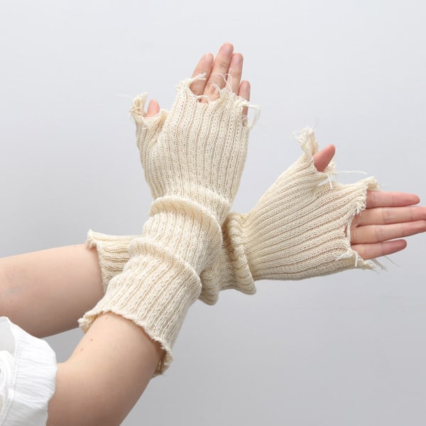 Nya Tjejhandskar Svart Beige Trasig Punk Unisex Fingerlösa Muddstickade Handskar Kvinnor Män Armbågsvantar Trasiga Armvärmarhandskar Beige length-33cm