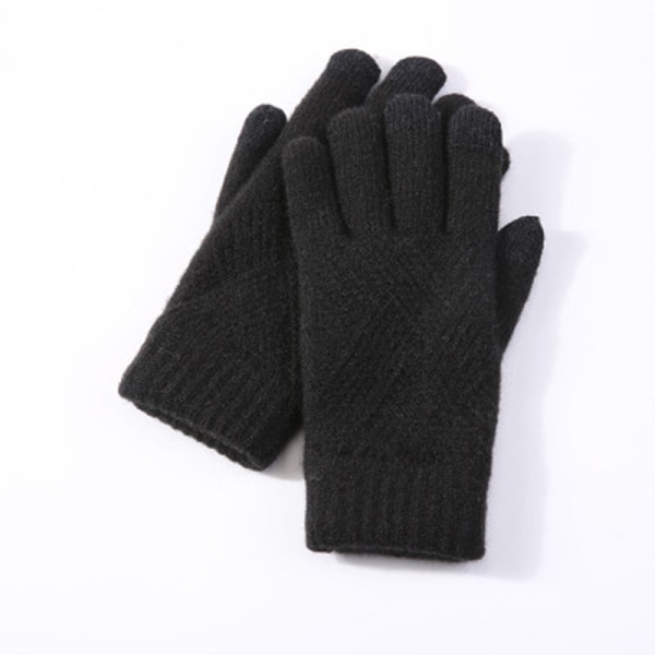 Dam Vinter Varma Stickade Hel Fingerhandskar Herr Enfärgade Ull Touch Screen Vantar Kvinnor Tjocka Varma Cykelkörhandskar H46 Black One Size