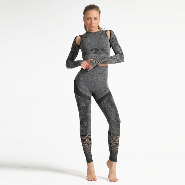 Eurooppalainen ja amerikkalainen naamiointikuvioinen ontto jooga-asu naisten kuntoilupuku saumattomat urheilulliset pitkähihaiset lantiota kohottavat skinny-joogahousut 6039 long-sleeve suit-Army Green L