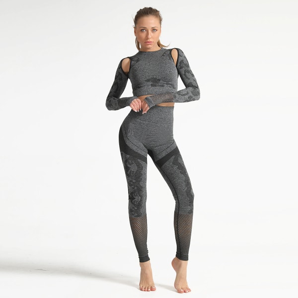 Europeisk och amerikansk kamouflage ihålig yogadräkt, fitness för kvinnor, sömlös sport, långärmad, höfthöjning, skinny yogabyxor 6039 long-sleeve suit-Black L