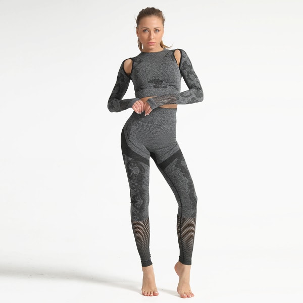 Europeisk og amerikansk kamuflasje hul yoga dress dame fitness dress sømløs sport langermet hofte løft skinny yoga bukser 6039 long-sleeve suit-Army Green M