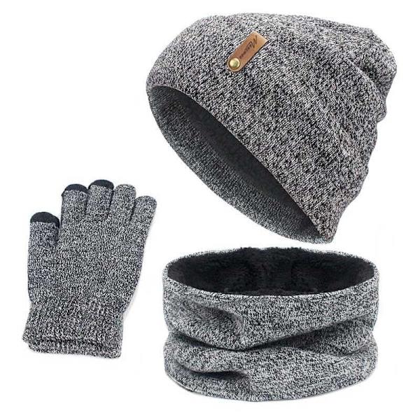 Unisex Luesett med Ring Skjerf og Hansker Vinterstrikket Tykk Varm Lue Dame Herre Solid Retro Lue Myke Berøringsskjermhansker C