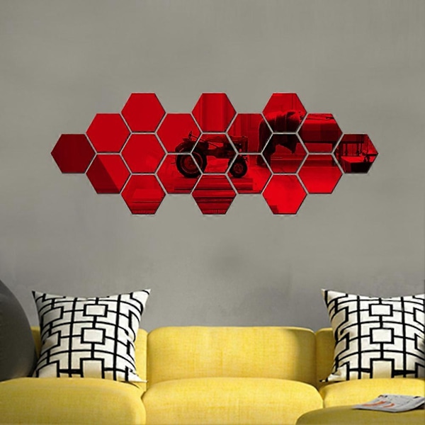 12 kpl Kuusikulmio 3D Peili Seinätarrat Koti DIY Koristelu Olohuone Tarra Punainen M Red M