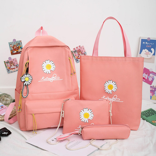 4 stk./sett Dame Skolesekker Skolesekk Tusenfryd Canvas For Tenåringsjenter Student Bokveske Gutter Skulderveske Bolsas Mochilas Sac Ny A Pink backpacks