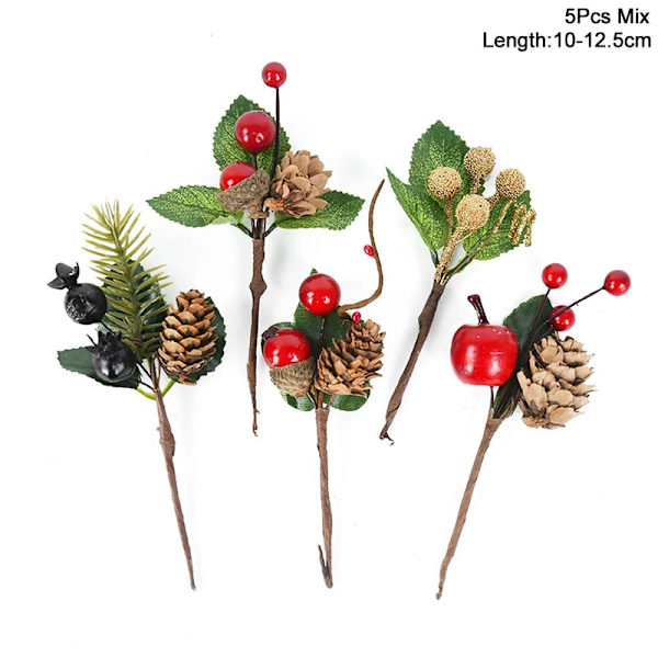 5 st Jul Röda Bär Konstgjord Blomma Tallkotte Gren Julgransdekorationer Ornament Presentförpackning Hem DIY Krans 3red 2white