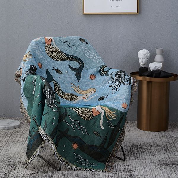 Textile City Filt i nordisk stil, sjöjungfrumönster, för säng, vardagsrum, gobeläng, matta, sofffilt, överkast Mermaid 90x150cm