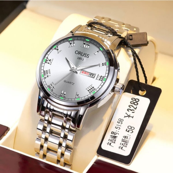 Automatisk mekanisk watch herrkalender Lysande vattentät rund watch med spegel i glas Roman silver white noodles