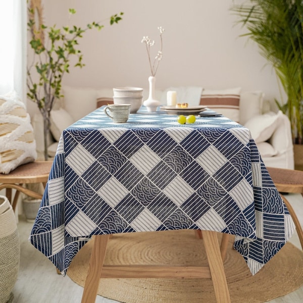 Japanilaistyylinen puuvillapellavainen pöytäliina, pestävä, suorakulmainen, sininen meren aaltoilu, koti, kahvi, ruokapöytä, takka, mikroaaltouunin suojus Waves 140x300 cm