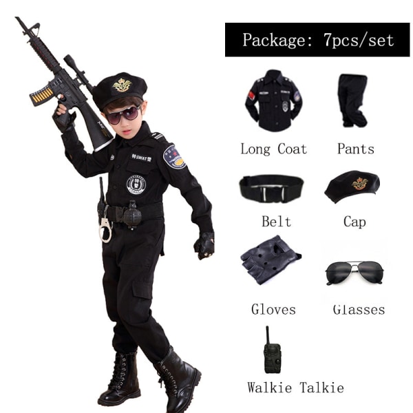 Barnpoliskostymer Barn Halloweenfest Karneval Polisuniform 110-160cm Pojkar Armépoliser Cosplay Klädset Set7 120CM