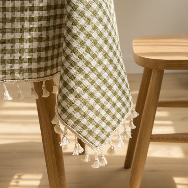 Rutig Bordsduk med Tofsar Rektangulär Liten Fräsch Bomull och Linne Spets Avocado green 135*220cm