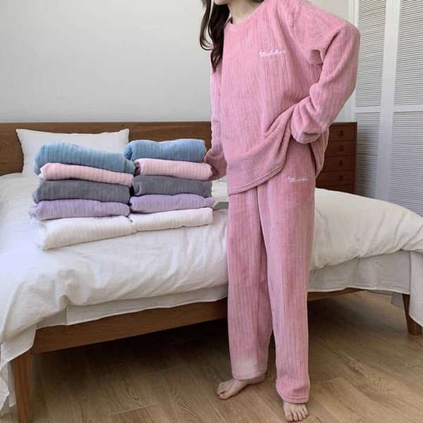 Höst Vinter Dam Koreansk Mode Temperament Korall Fleece Varma Pyjamas Set Tjock Plus Sammet Söt Bekväm Andningsbar Casual Hemmakläder Blue One Size