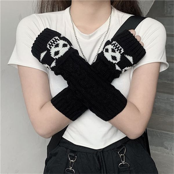 Goth Lange Fingerløse Armvarmer Handsker Armvarmere Piger Sorte Kranie Handsker Kvinder Strikkede Varme Handsker Punk EMO Mode Vanter Khaki 2 One Size